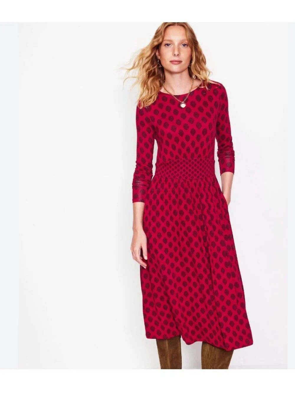Boden Womens Thea Long Sleeve Jersey Dress UK 18 US 14 Red Paisley D1059 NWT